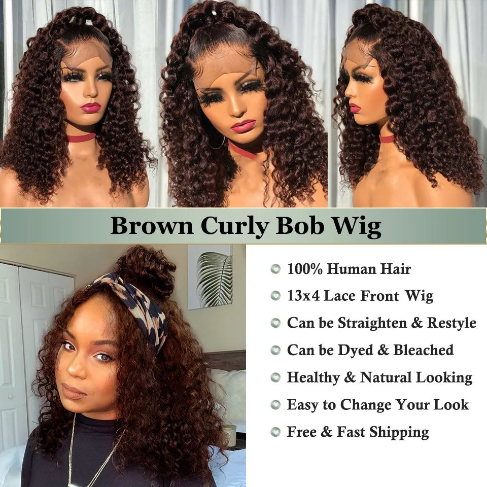 Brown Bob Deep Curly Lace Front Human Hair Wig - Pre-Plucked