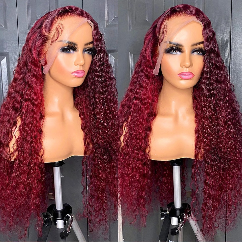 13X4 Chocolate Brown and Burgundy Deep Wave Curly  Frontal Lace Front Wig