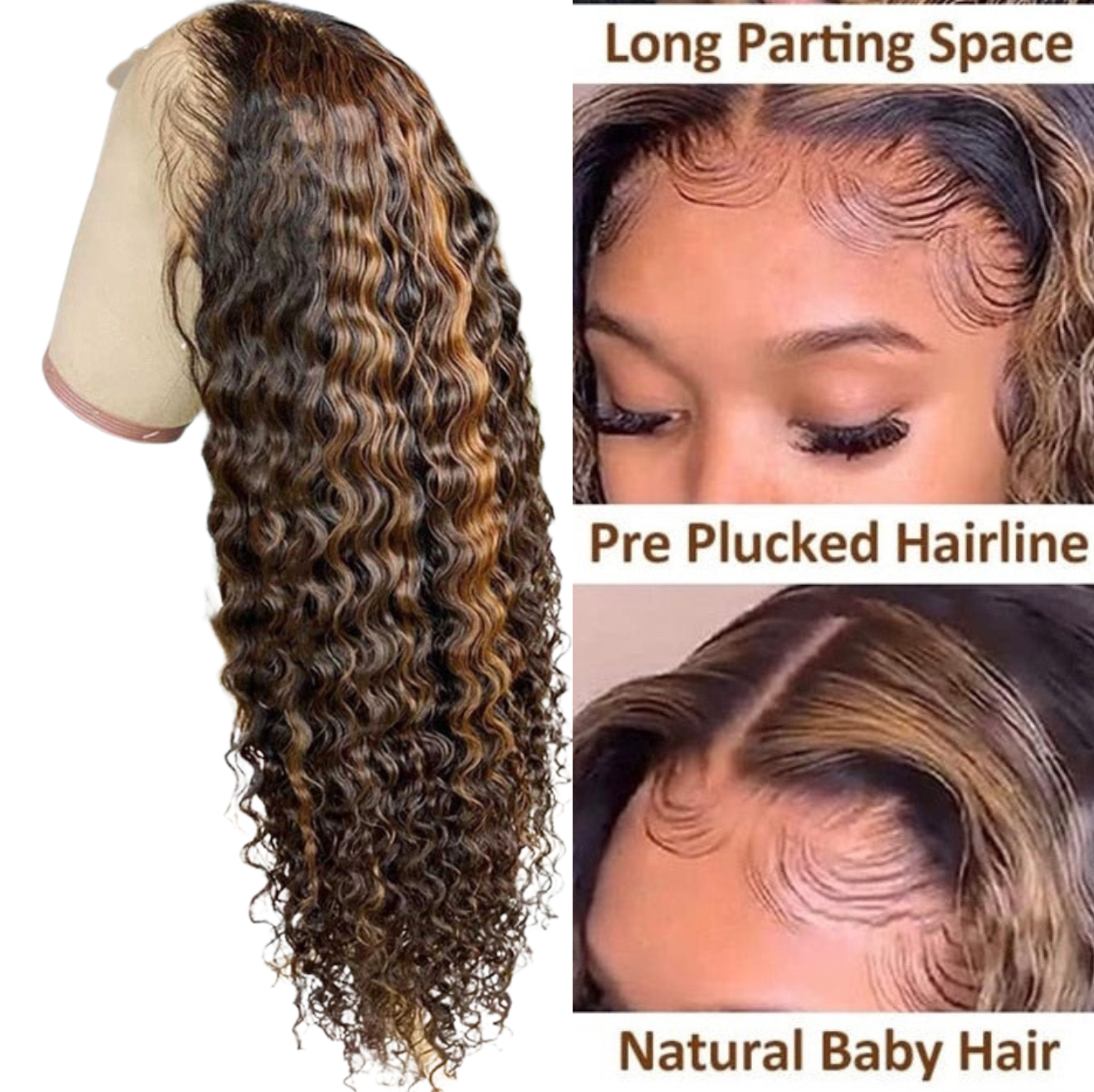 Highlight Human Hair Ombre  Wig | Honey Blonde Deep Wave Transparent Lace Frontal Wig