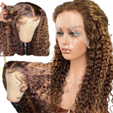 Highlight Human Hair Ombre  Wig | Honey Blonde Deep Wave Transparent Lace Frontal Wig